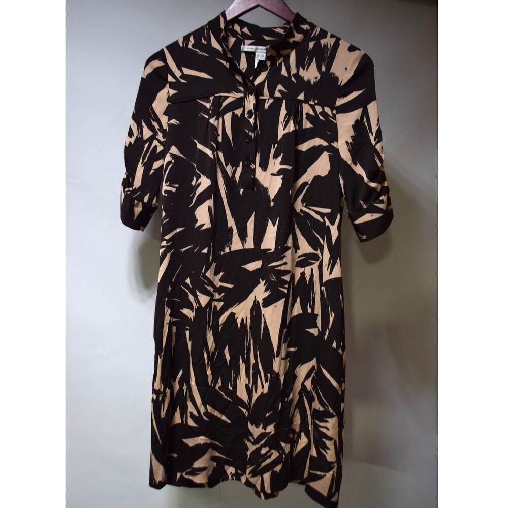 Diane von Furstenberg DVF Silk Abstract Print Shirt Dress Size 6 Brown Beige